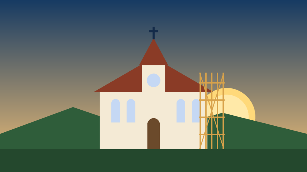 Illustration of the new sanctuary under construction at sunrise