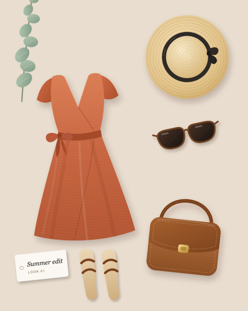 Summer edit, look 1: linen wrap dress, straw hat, sunglasses and a cognac bag